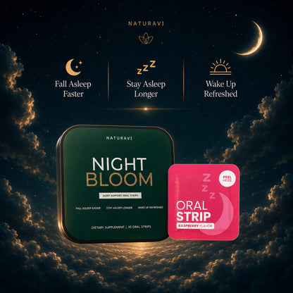 Naturavi Night Bloom supplement tin and oral strip on a night sky background