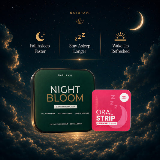 Naturavi Night Bloom supplement tin and oral strip on a night sky background