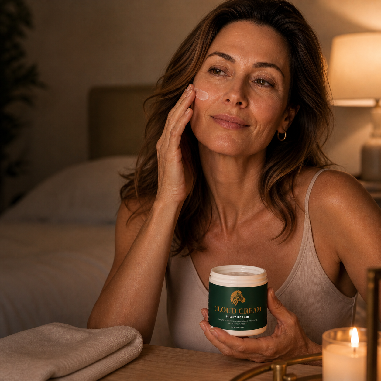 Woman applying Cloud Cream as part of her night routine