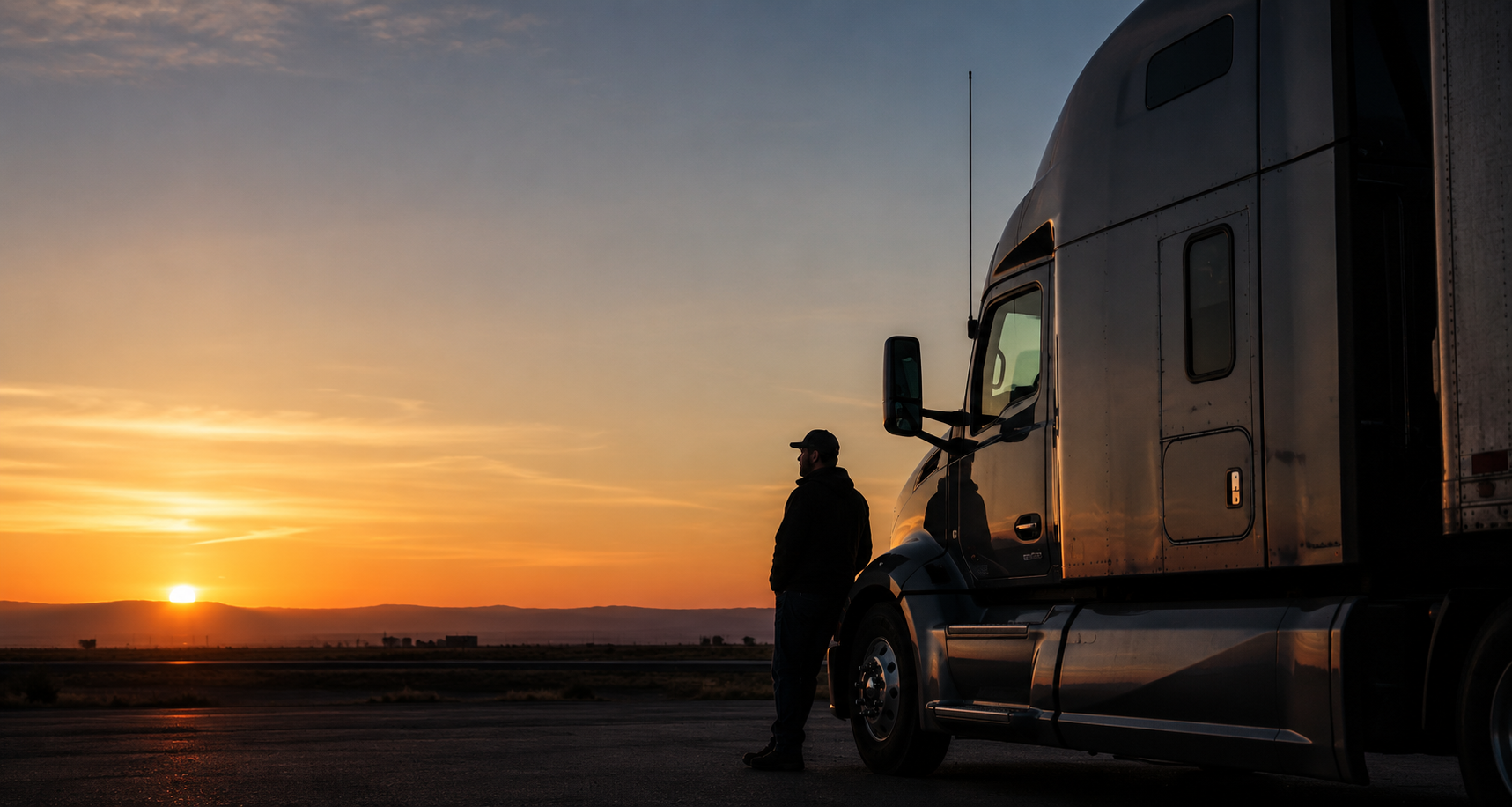Truck driver standing next to a large truck at sunset.
